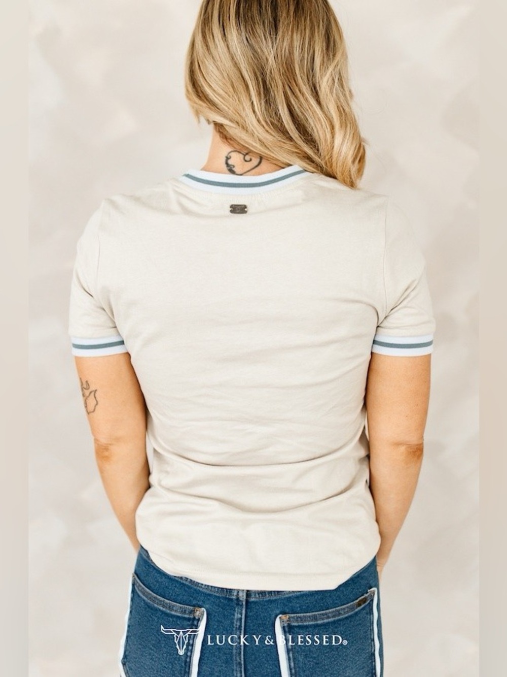 Lucky & Blessed Beige Running Horse Printed Contrast Hem Short Sleeve Top - Picture 3 of 3